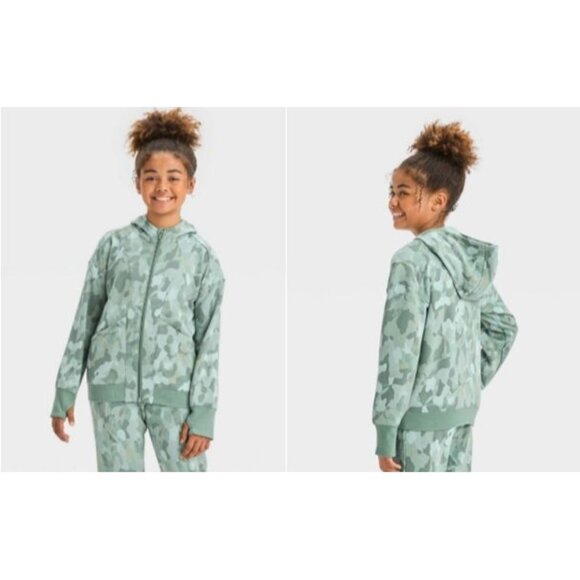 All in Motion Girls' Fleece Full Zip Hooded Sweatshirt Green Camo XS - Picture 1 of 5